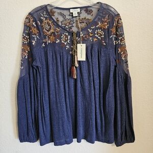 Sundance Top Womens Size XS Mesh Embroidered Floral Tassel Long Sleeve Shirt